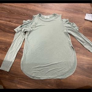 NanaMacs Light Blue/green open shoulder long sleeve shirt.